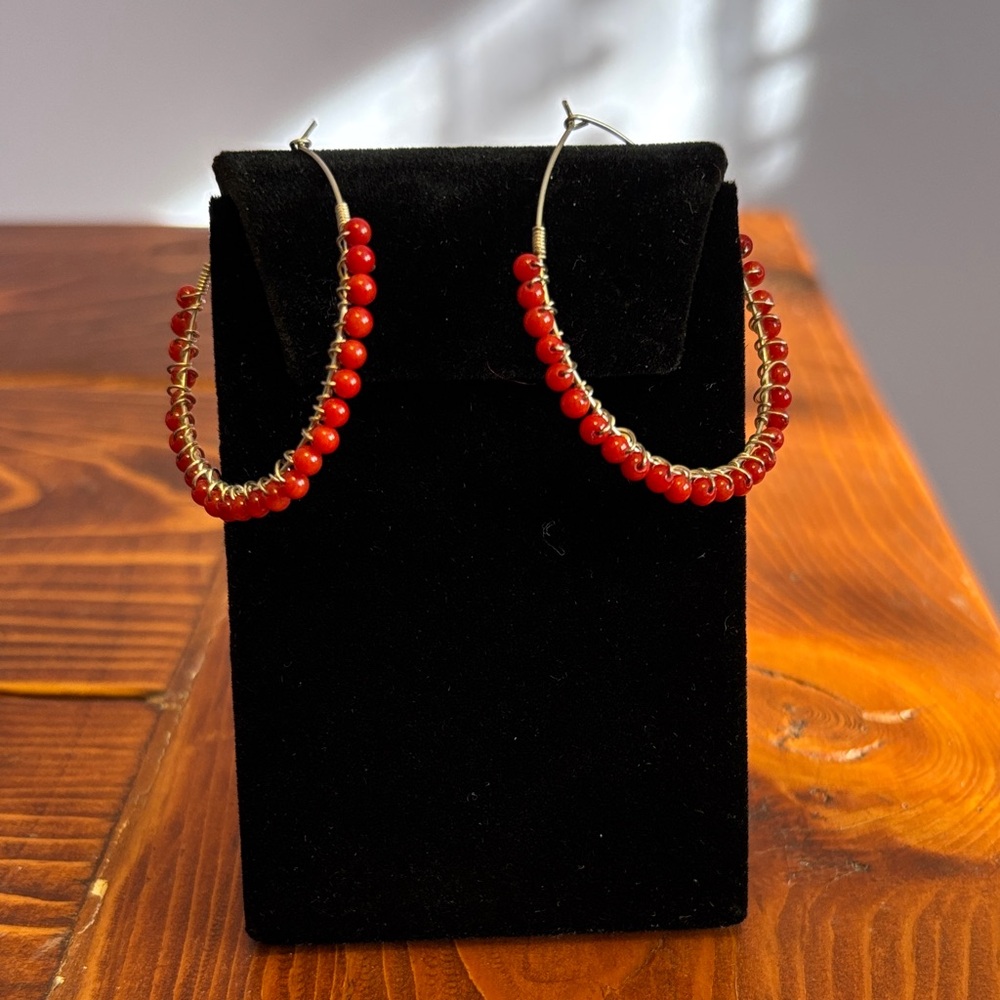 Red Coral Beaded and Sterling Silver Hoop Earrings
